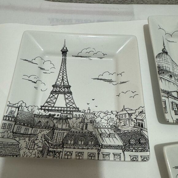 PLATES-BLACK WHITE CITY SCENE-SQUARE-1 LARGE 3 SMALL-222 FIFTH-MATCHING SET - Picture 4 of 8
